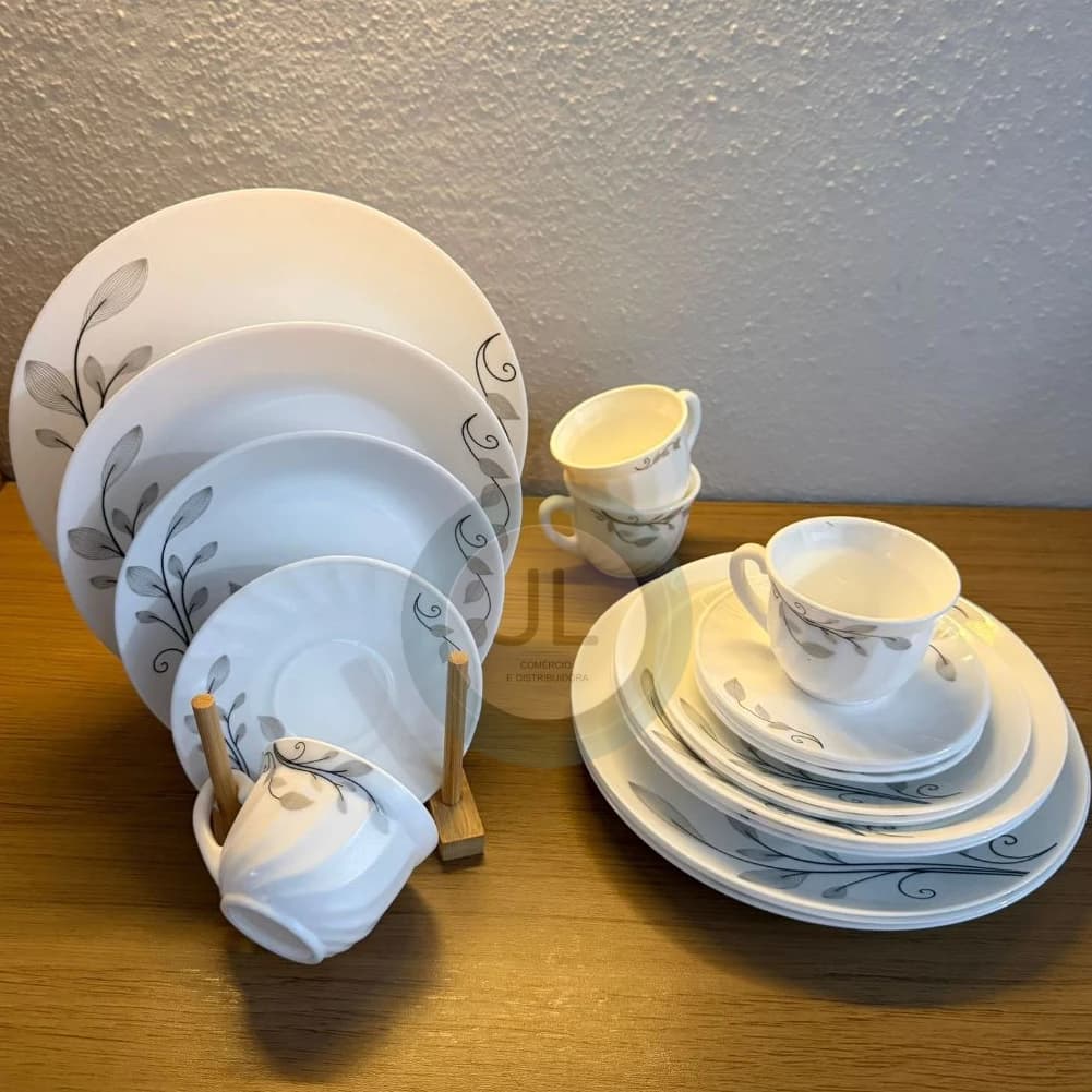Aparelho de Jantar 20 Peças Vidro Opaline Branco Estampado Pratos + Xícaras Jogo de Jantar 4 Pessoas