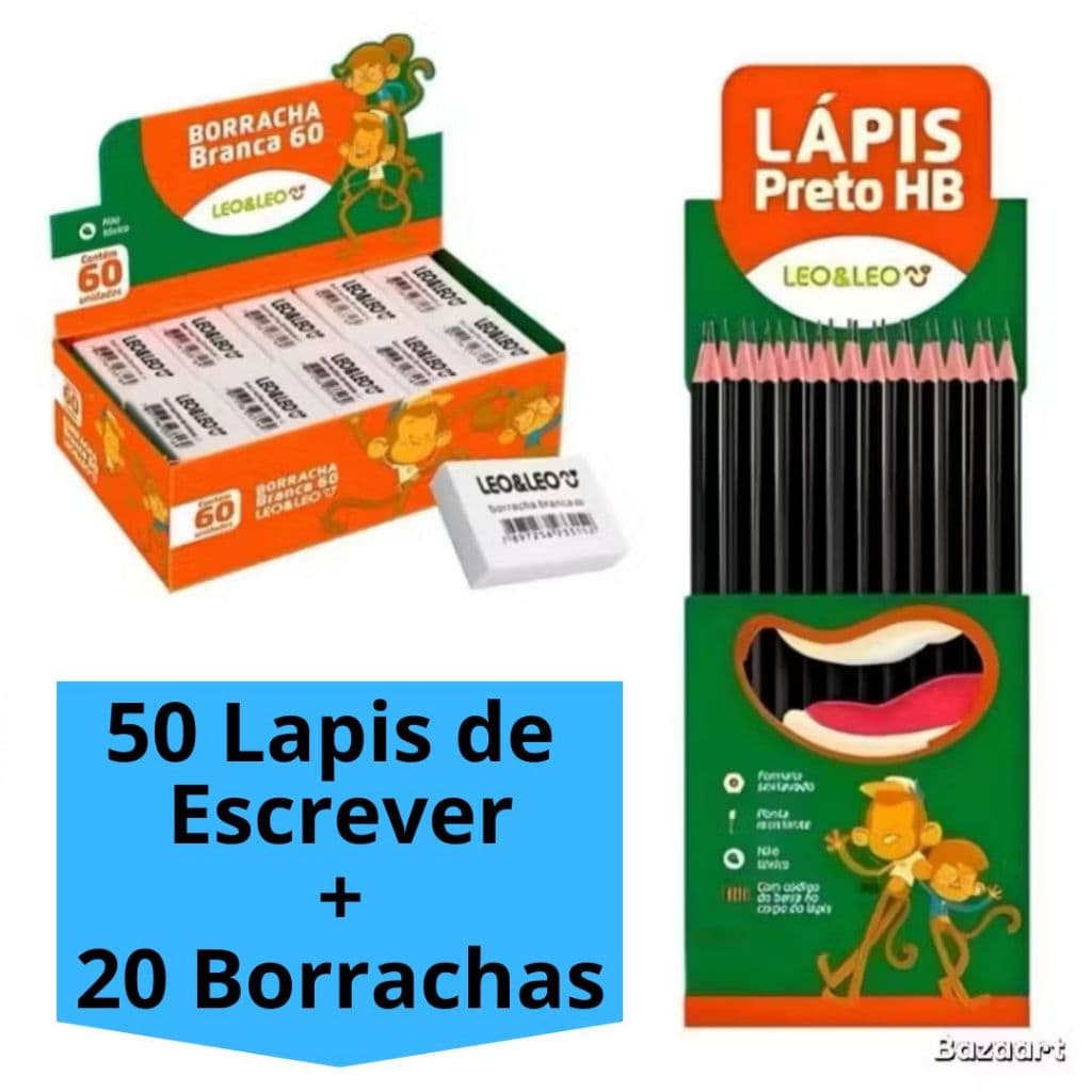 Kit 50 Lápis de Escrever Preto + 20 Borracha Escolar Branca N60 Escolar Escritorio Leo&Leo