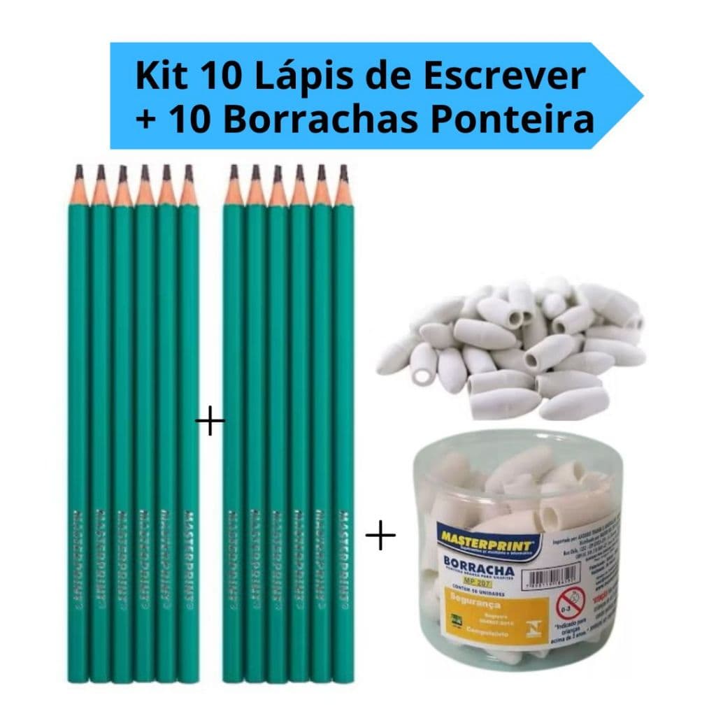 Kit 10 Lápis de Escrever HB N°2 Sextavado + 10 Borrachas Ponteira Escolar Desenho