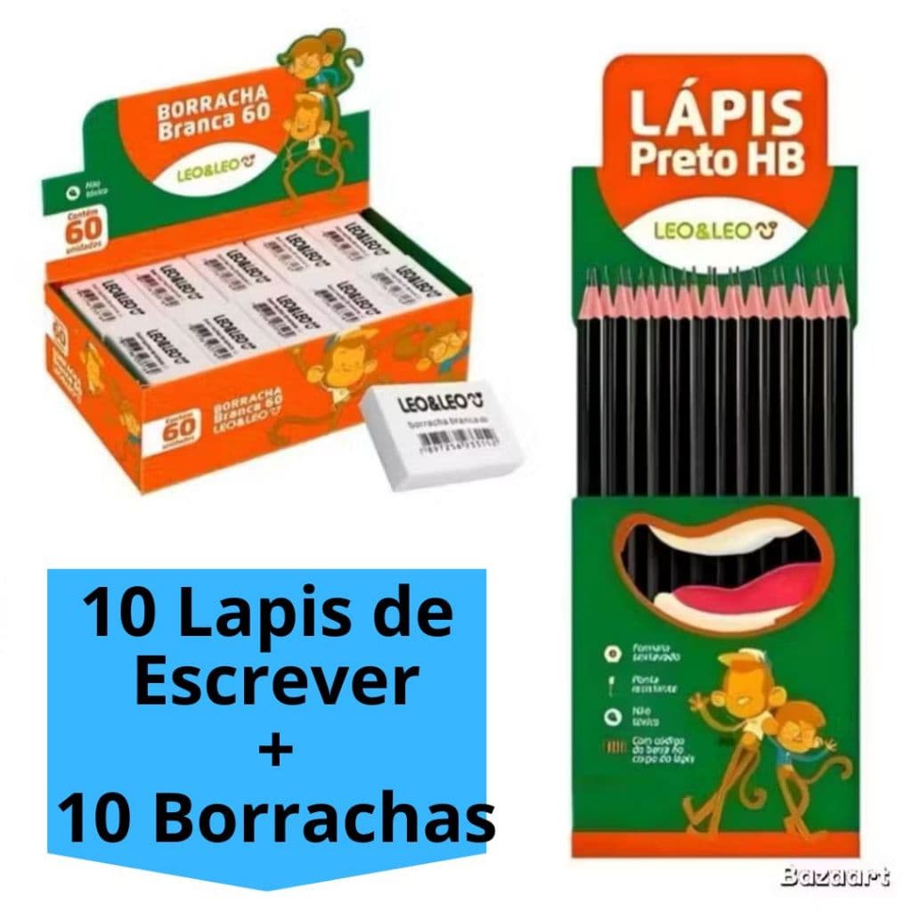 Kit 10 Lápis de Escrever Preto + 10 Borracha Branca N60 Escolar Escritorio Leo&Leo