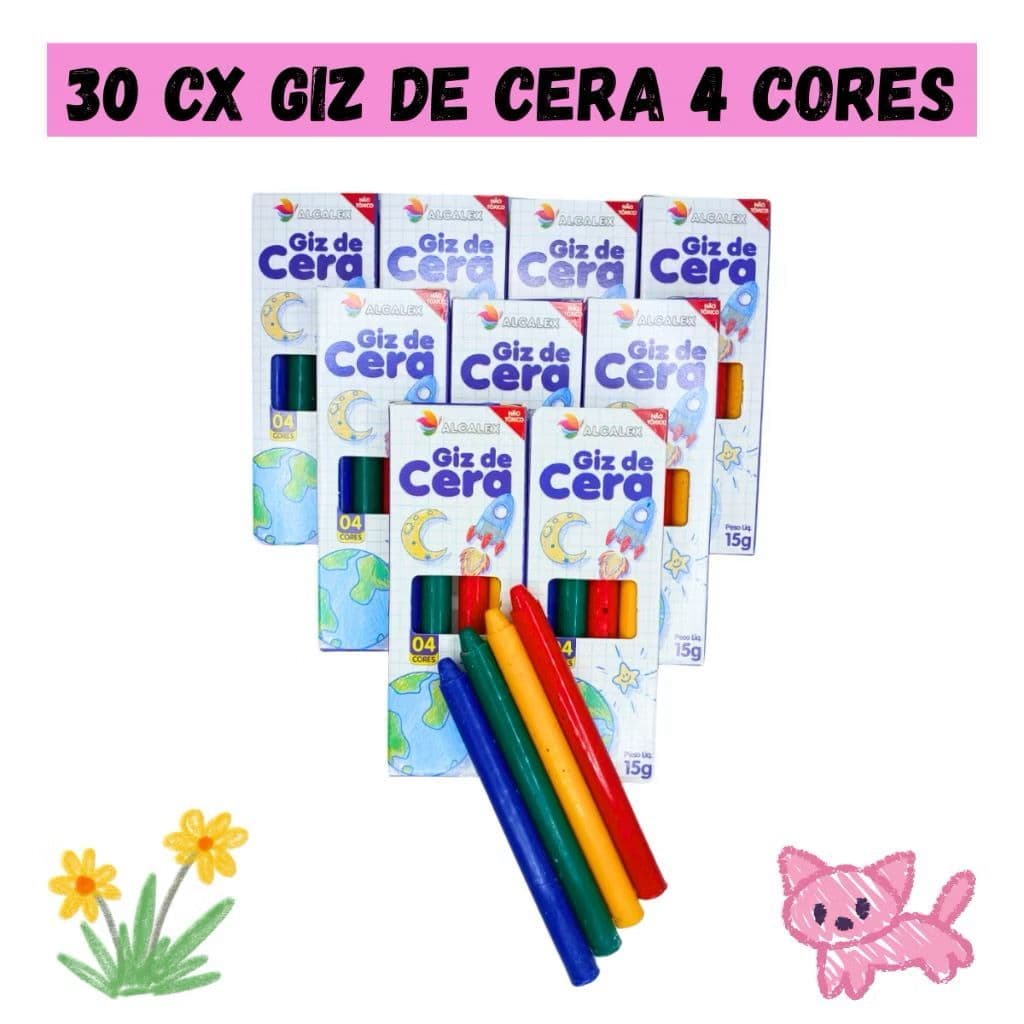 Kit 30 Cx Giz de Cera 4 Cores Kit Festa Lembrancinha Artesanato Infantil Alcalex