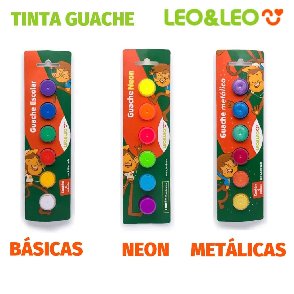 Tinta Guache Escolar Kit 6 Cores - Básicas, Neon ou Metálicas - Leo&Leo