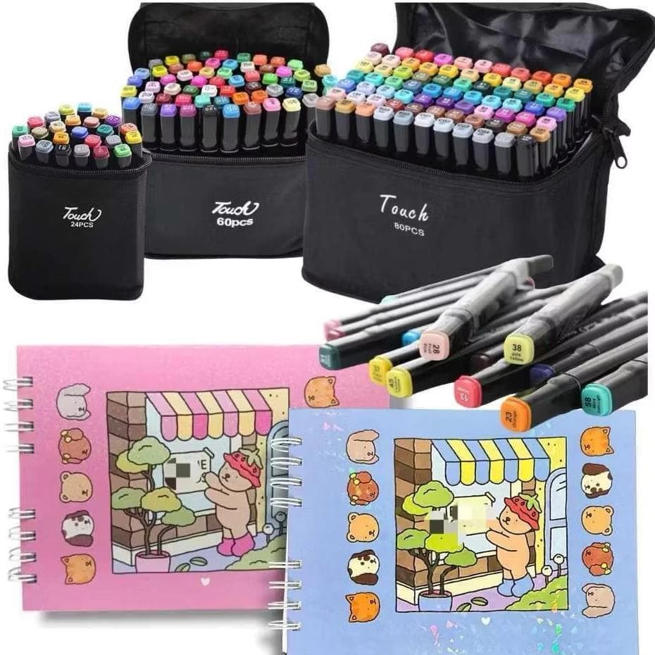 Kit Livro De Colorir Capa Dura 50 Páginas + 6/12/24/36/48/60/80 Cores Caneta Marcadora Com Ponta Dupla