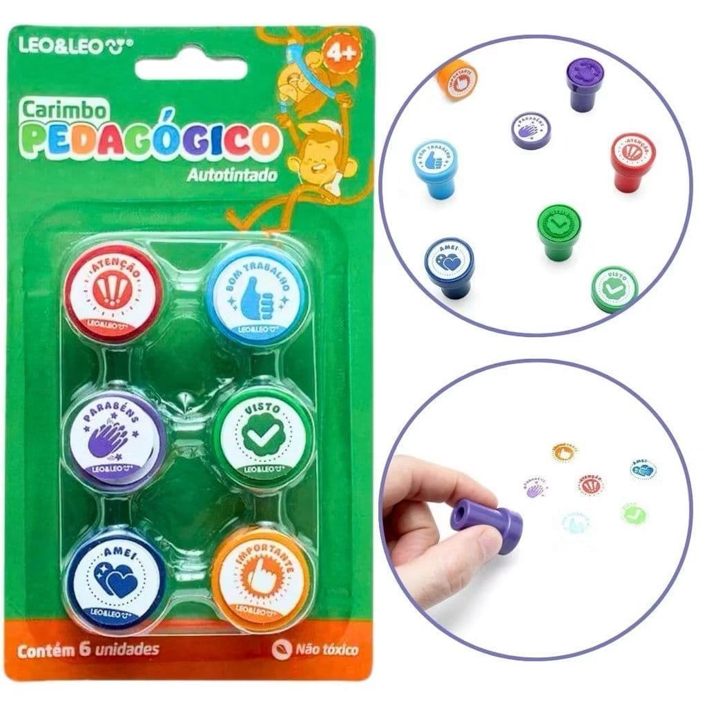 Kit 6 Carimbo Pedagógico com Tinta Infantil Professores e Pais para Alunos Escolar Leo & Leo