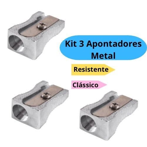 Kit 3 Apontador Metálico Clássico Resistente Apontador de Ferro Escolar Escritório Masterprint