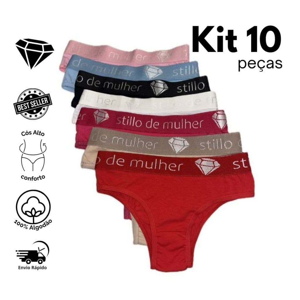 Kit 10 Calcinhas Tanga Conforto Cós Alto 100% Algodão Lisa e Estampada