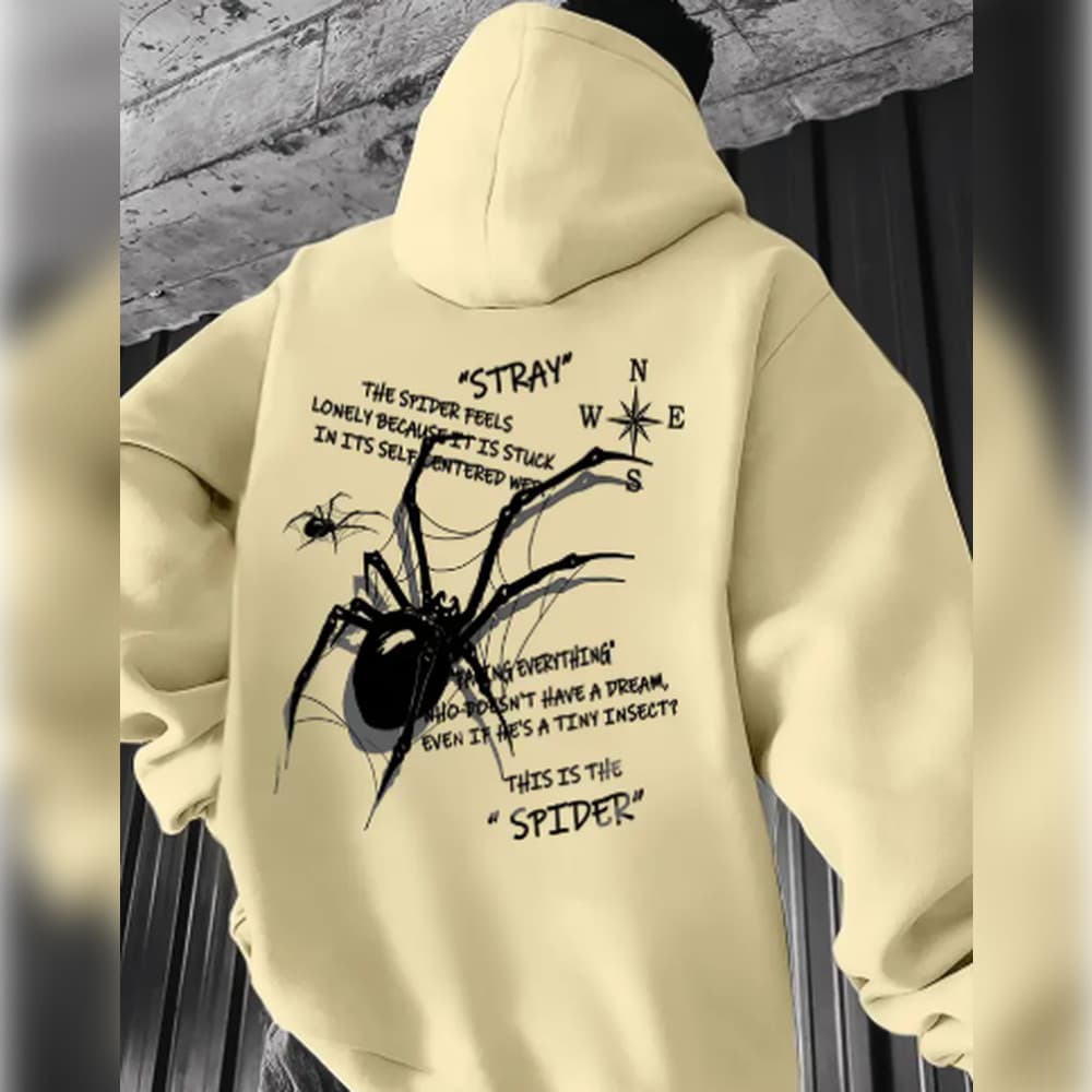 Moletom Casual Masculino com Capuz, Estampa de Aranha e Texto Humorístico, Padrões Geométricos, Bolsos Frontai