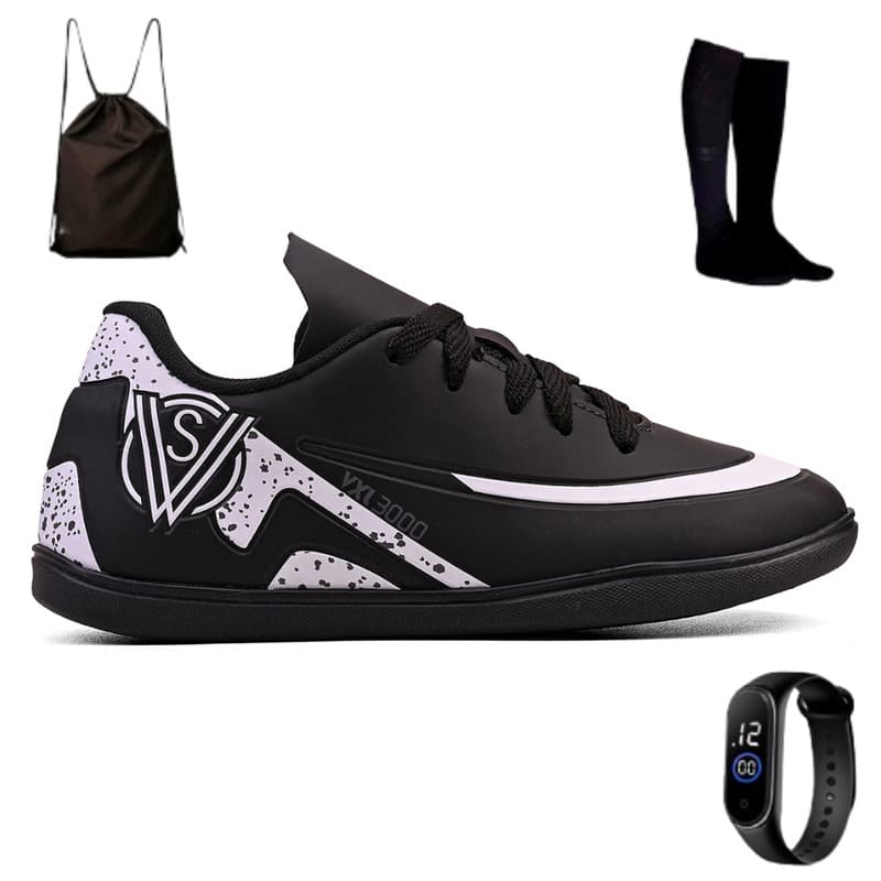 Chuteira Indoor Infantil Futsal + Meião + Mochila e Relógio