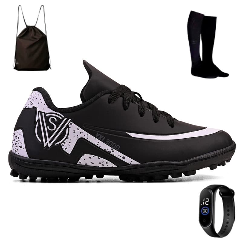 Chuteira Society Infantil Macia + Meião + Mochila e Relógio