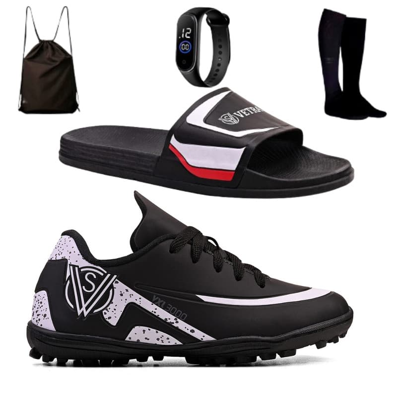 Kit Chuteira Infantil para Society Leve + Chinelo Macio Slide + Relógio + Mochila e Meião