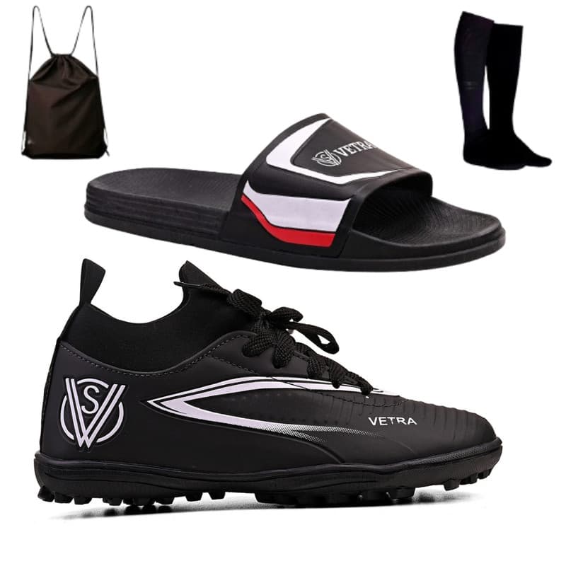 Kit Chuteira de Futebol Society Infantil + Chinelo Slide Macio + Mochila e Meião