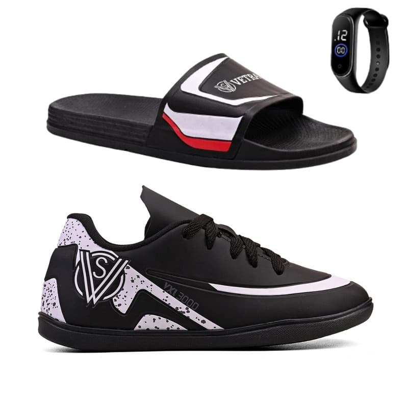 Kit Chuteira para Futsal de Salão Infantil + Chinelo Slide Macio + Relógio Digital