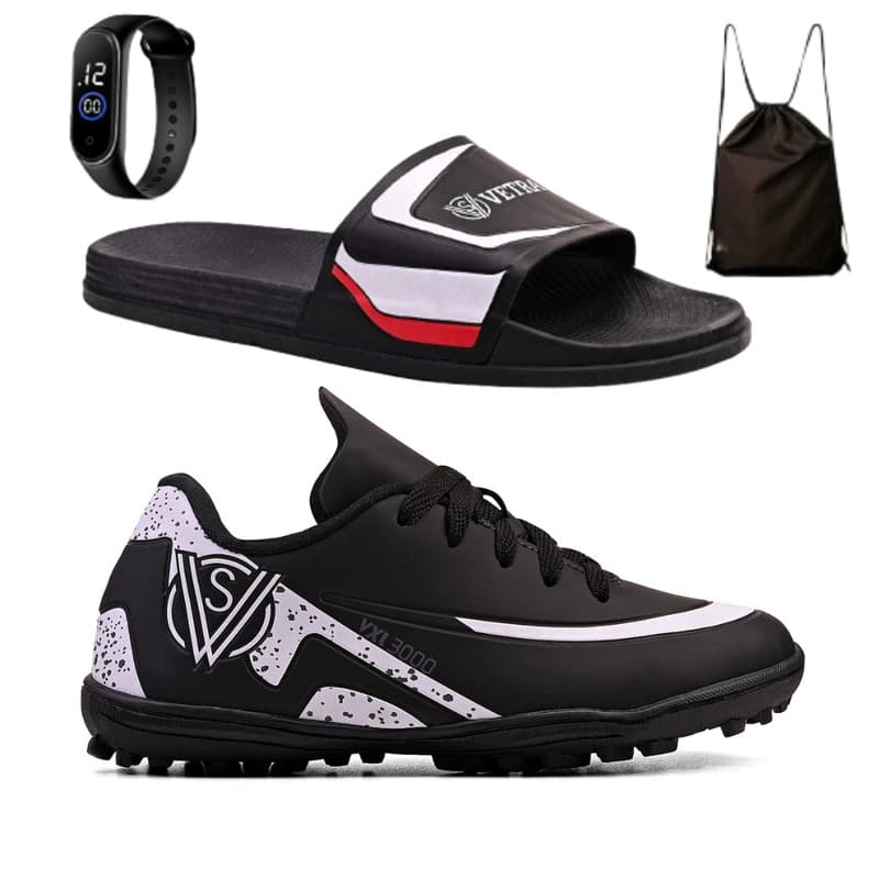 Kit Chuteira Infantil Profissional Society Meninos + Chinelo Slide Leve e Macio + Relógio e Mochila