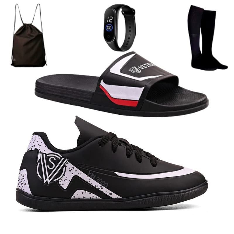 Kit Ideal para Futsal com Chuteira Infantil Meninos + Chinelo Slide Macio + Relógio + Meião e Mochila