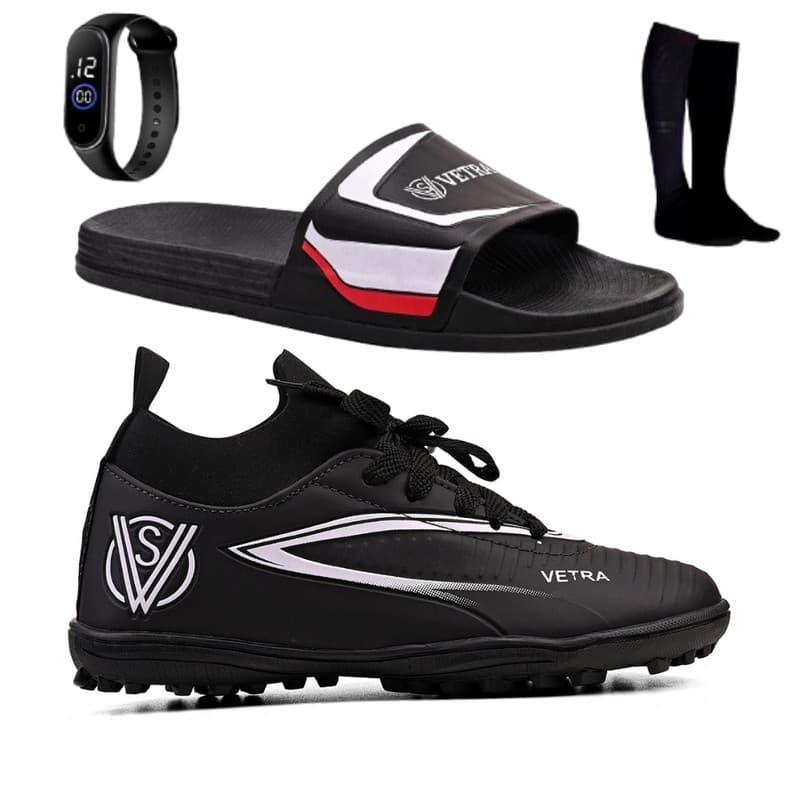 Kit Chuteira Infantil Society + Chinelo Slide Conforto + Relógio e Meião