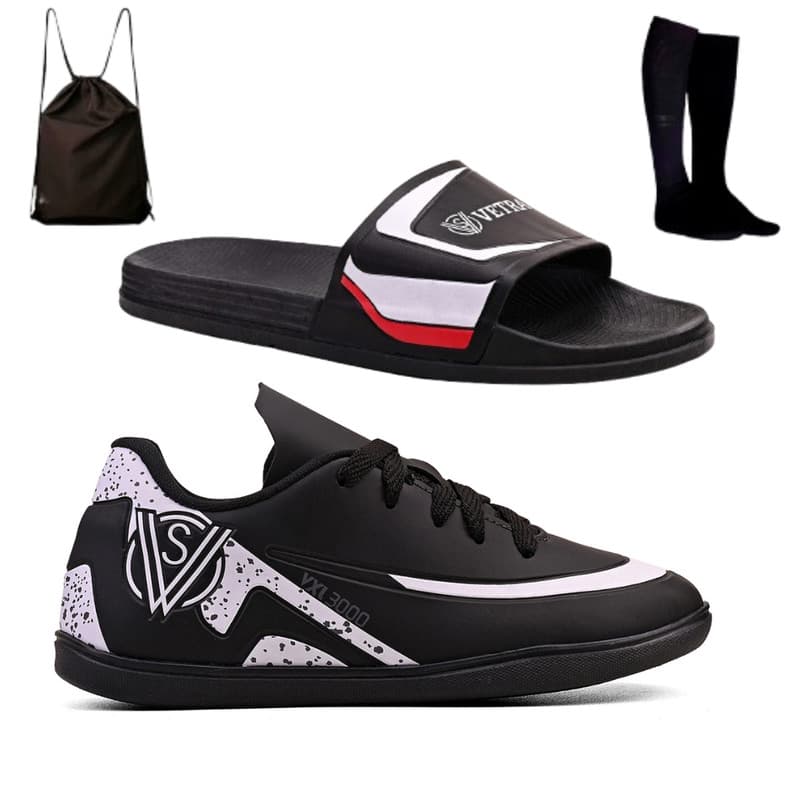 Kit Infantil Chuteira Profissional Indoor Futsal + Chinelo Slide Macio e Leve + Mochila e Meião