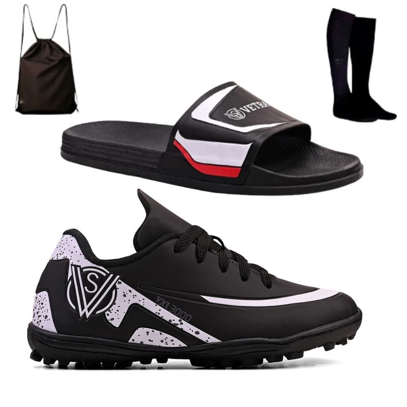 Kit Infantil Chuteira para Meninos Jogos Society + Chinelo Slide Nuvem + Mochila e Meião