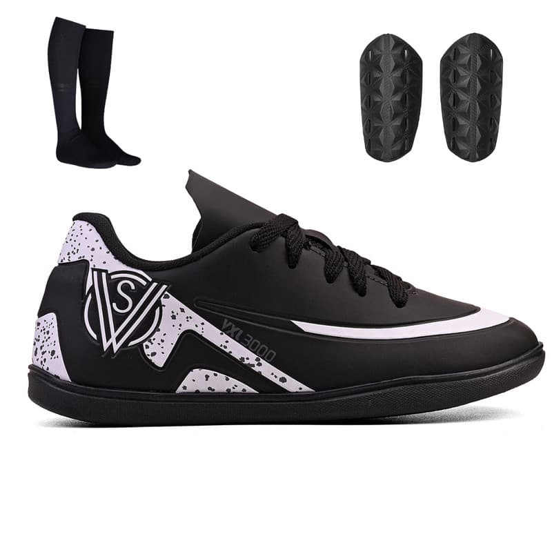 Kit Chuteira Infantil Futsal Quadra Indoor + Meião + Caneleira