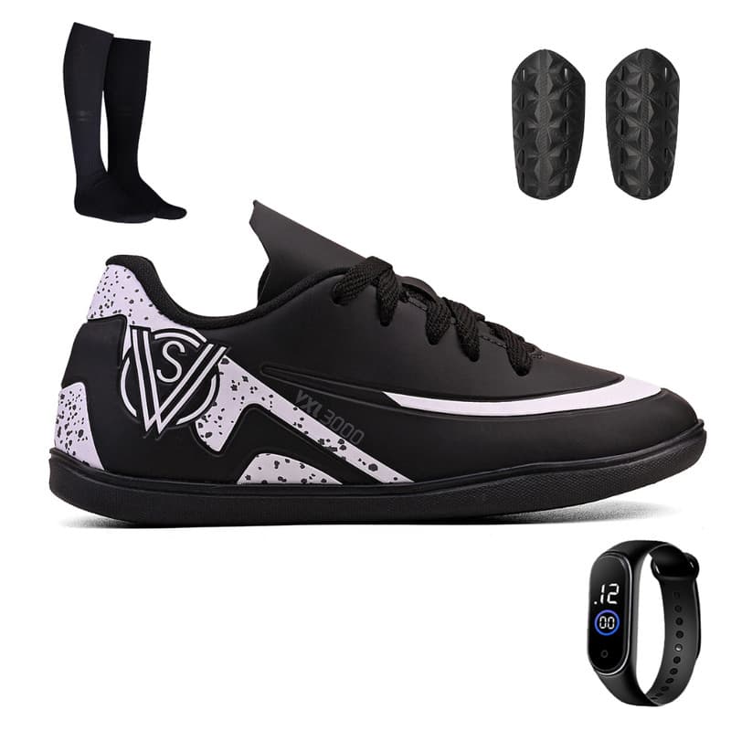 Kit Chuteira Indoor Infantil para Meninos Futsal + Meião + Caneleira + Relógio Digital
