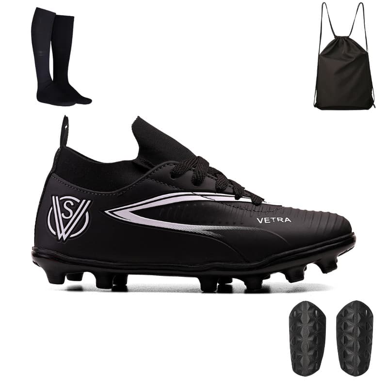 Kit Chuteira Infantil Trava/Campo Resistente Cano Médio + Mochila + Meião e Caneleira