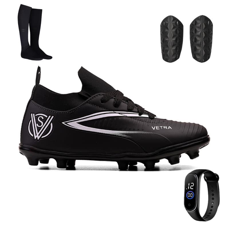 Kit Chuteira Campo/Trava Infantil para Meninos + Meião + Relógio Digital e Caneleira