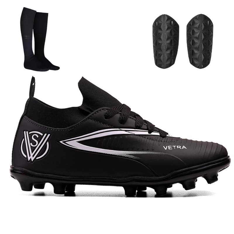 Kit Chuteira de Trava Infantil Cano Médio para Futebol de Campo + Meião + Caneleira