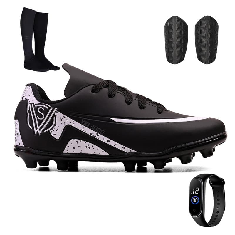 Kit Chuteira Trava Infantil para Meninos + Meião + Caneleira e Relógio Digital