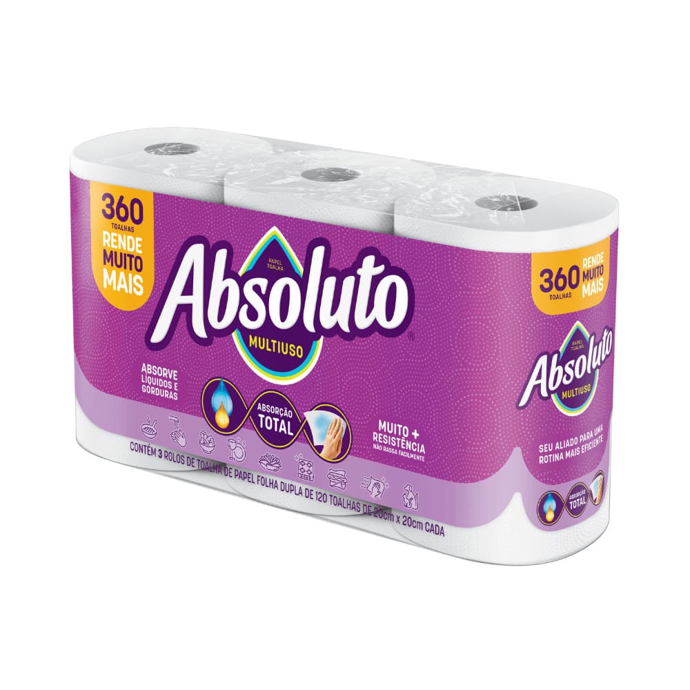 Papel Toalha Absoluto Multiuso 360 Folhas - com 3 unidades de 120 folhas cada