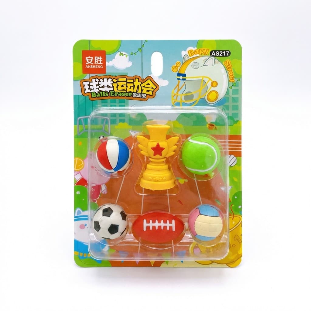 Kit 6 Borrachas Escolares Divertidas Esportes Futebol Troféu Prêmio Infantil Lembrancinha