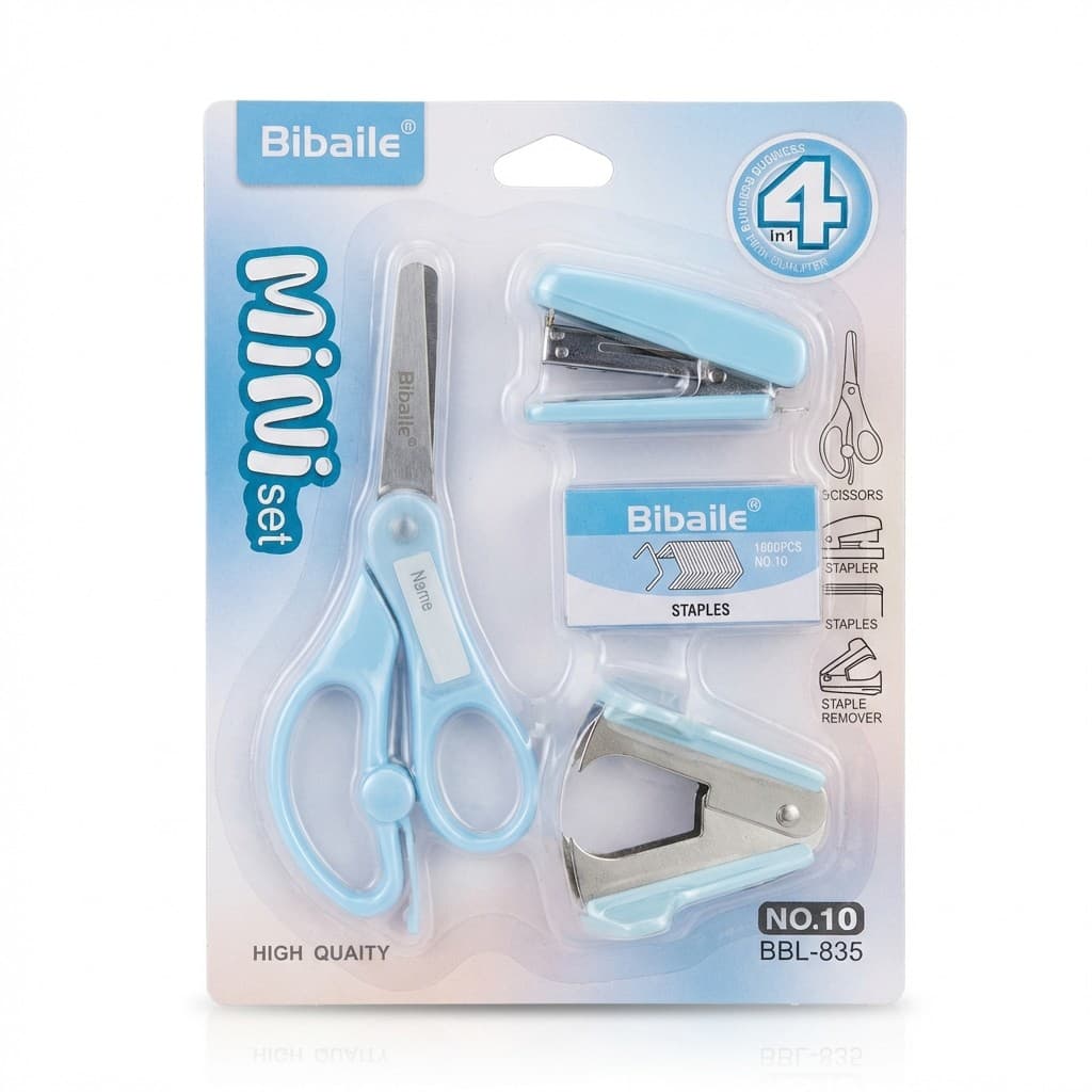 Kit Mini Papelaria 4 Em 1 Portátil Com Grampeador Tesoura Extrator De Grampos Material Escolar Escritório Cores Pastel