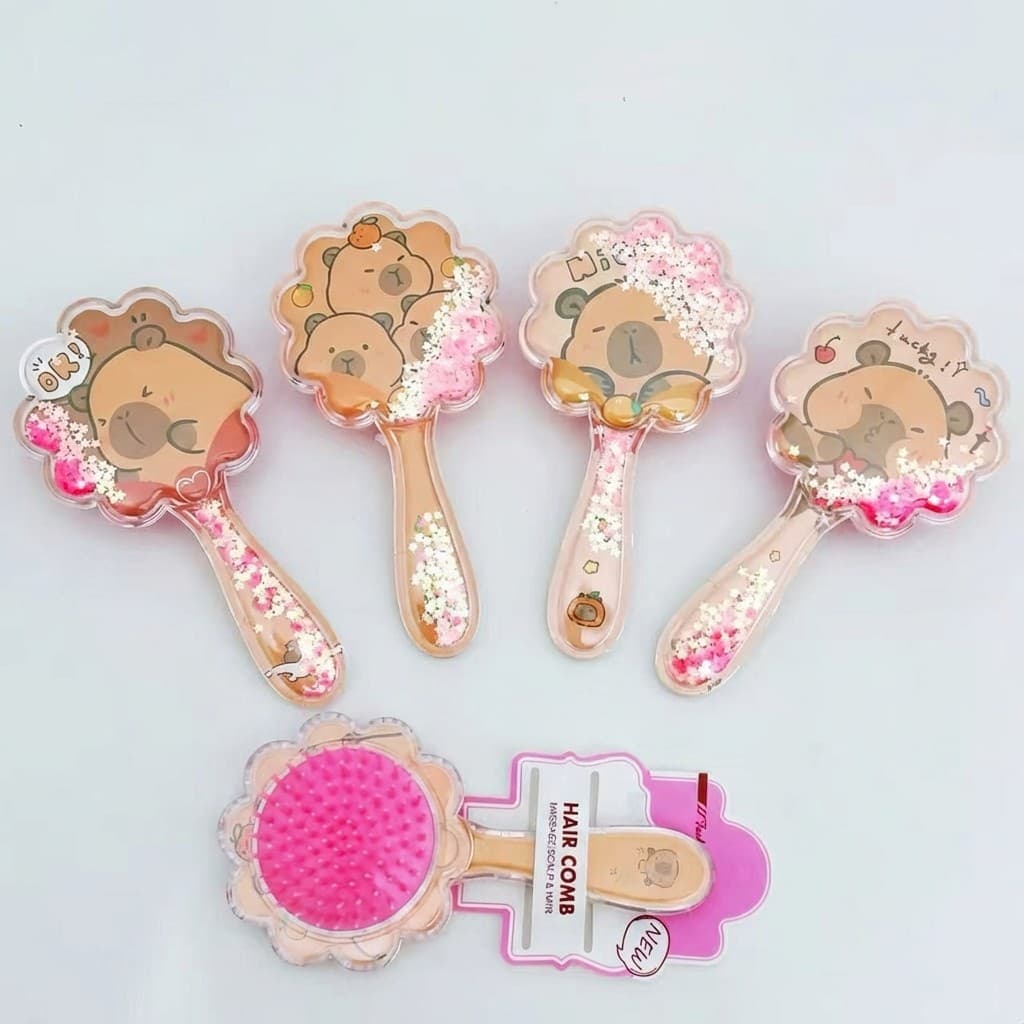 Escova de Cabelo Capivara Glitter Líquido Antinós Infantil Massageadora Desenho Fofo Menina Kit Surpresa