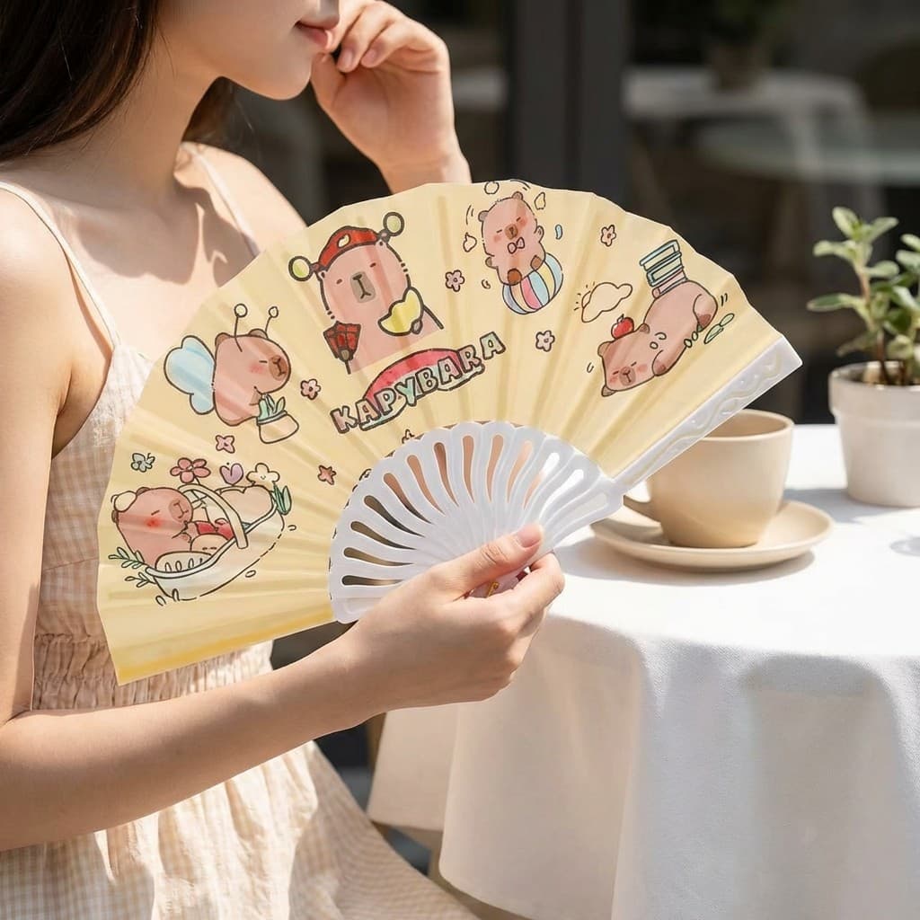 Leque De Mão Dobrável Portátil Com Estampa De Capivara Fofa 42cm Ideal Para Verão Festa E Dança