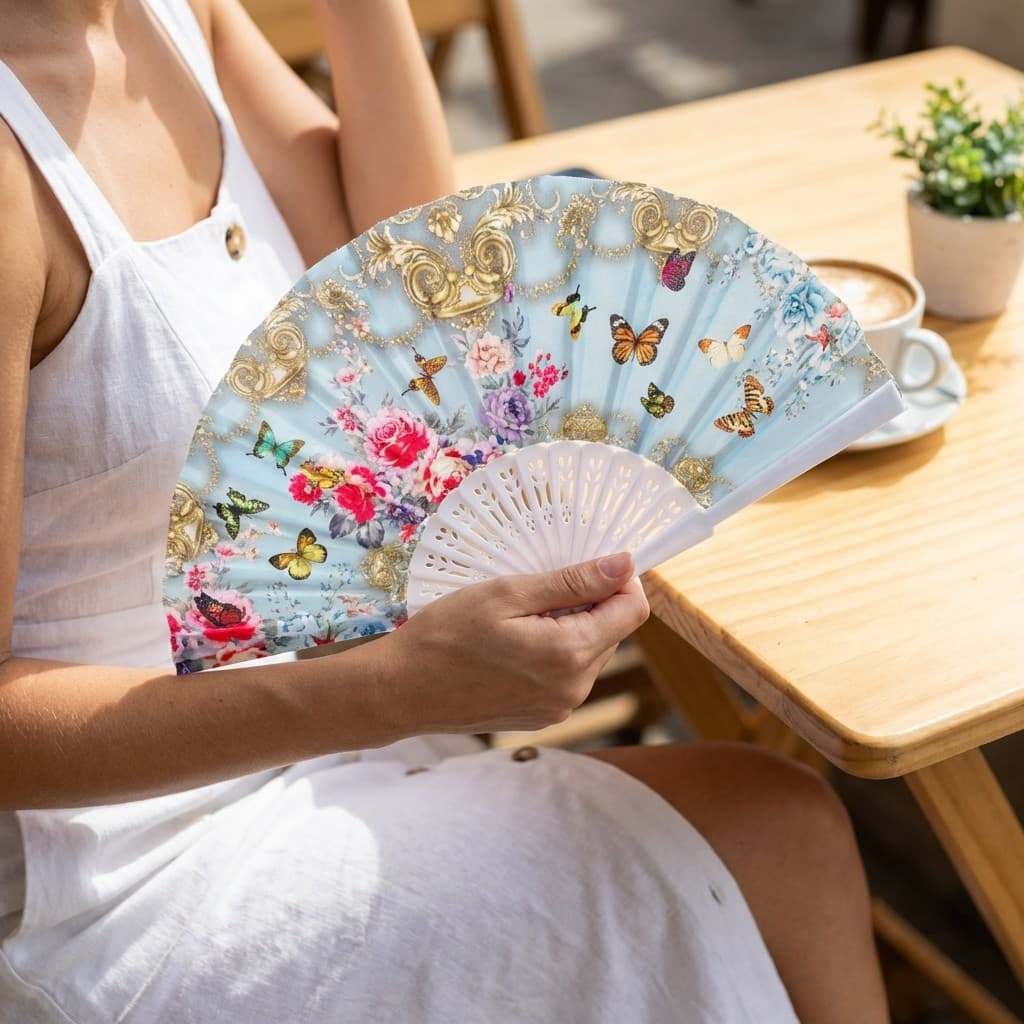 Leque de Mão Dobrável Vintage Estampa Floral Borboleta Para Festa Verão Decoração Acessório 42cm