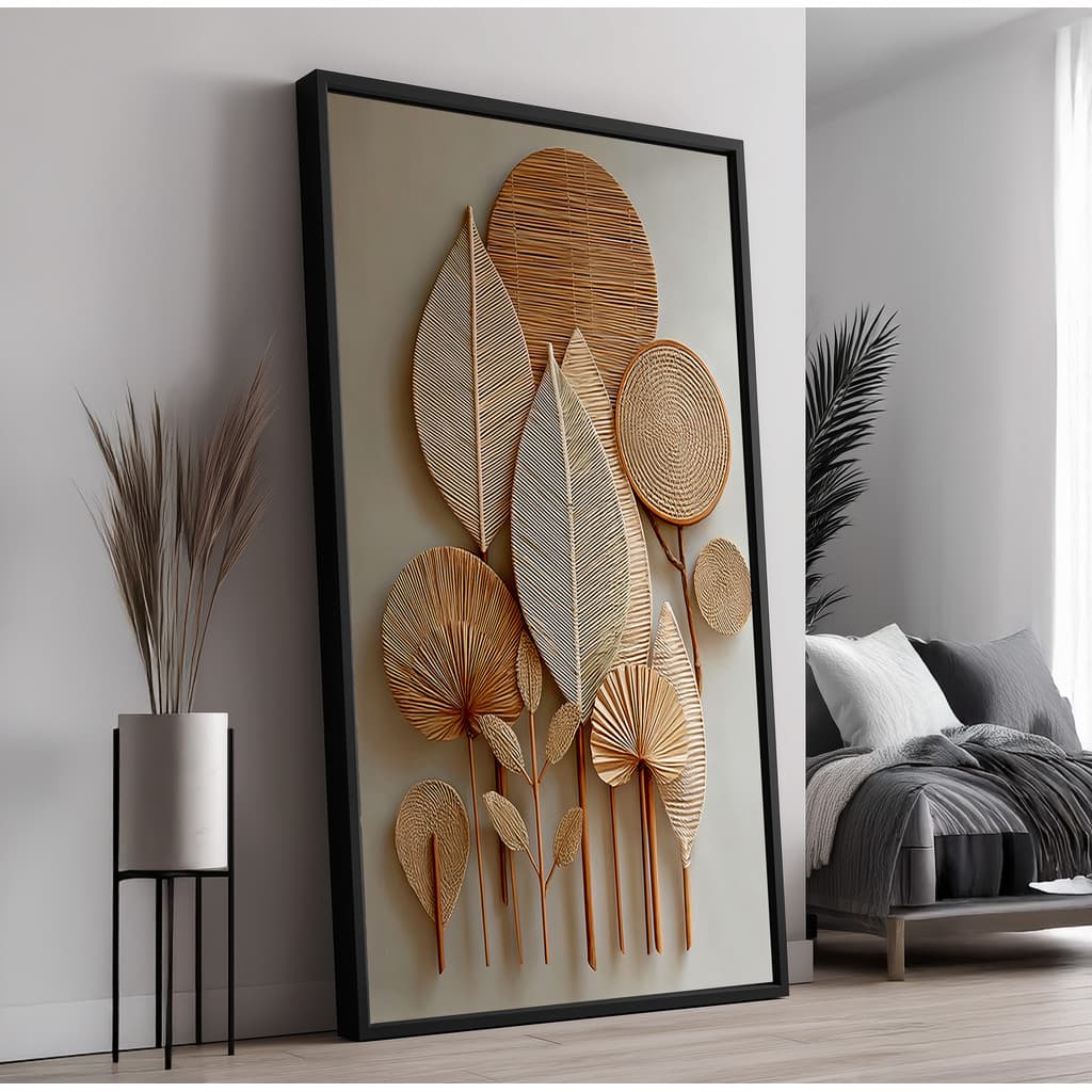 Quadro com Moldura e Acrilico Cristal Vidro Trama Fibra Folhas para Sala, Quarto e Escritório