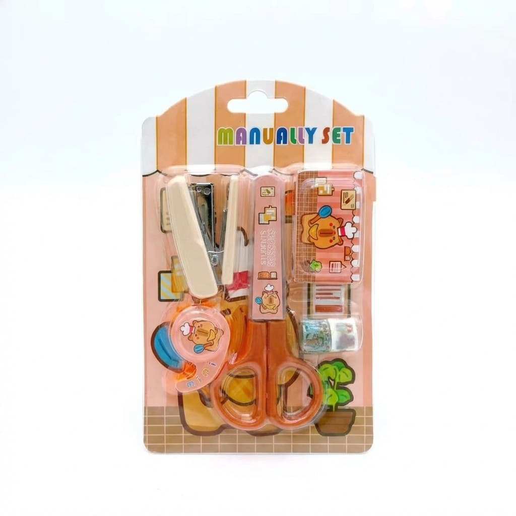 Kit De Papelaria Fofo Escolar Portátil Mini Grampeador Tesoura Fita Adesiva para Estudantes 18cm X 14cm