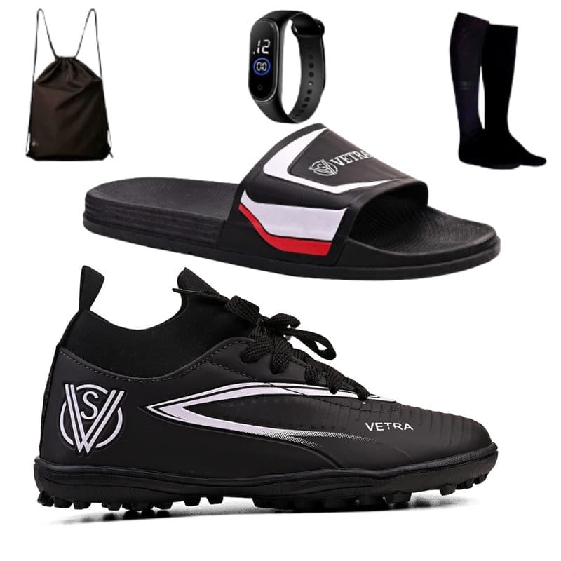 Kit Esportivo Completo Chuteira Society Meninos + Chinelo Slide Infantil + Relógio + Mochila e Meião