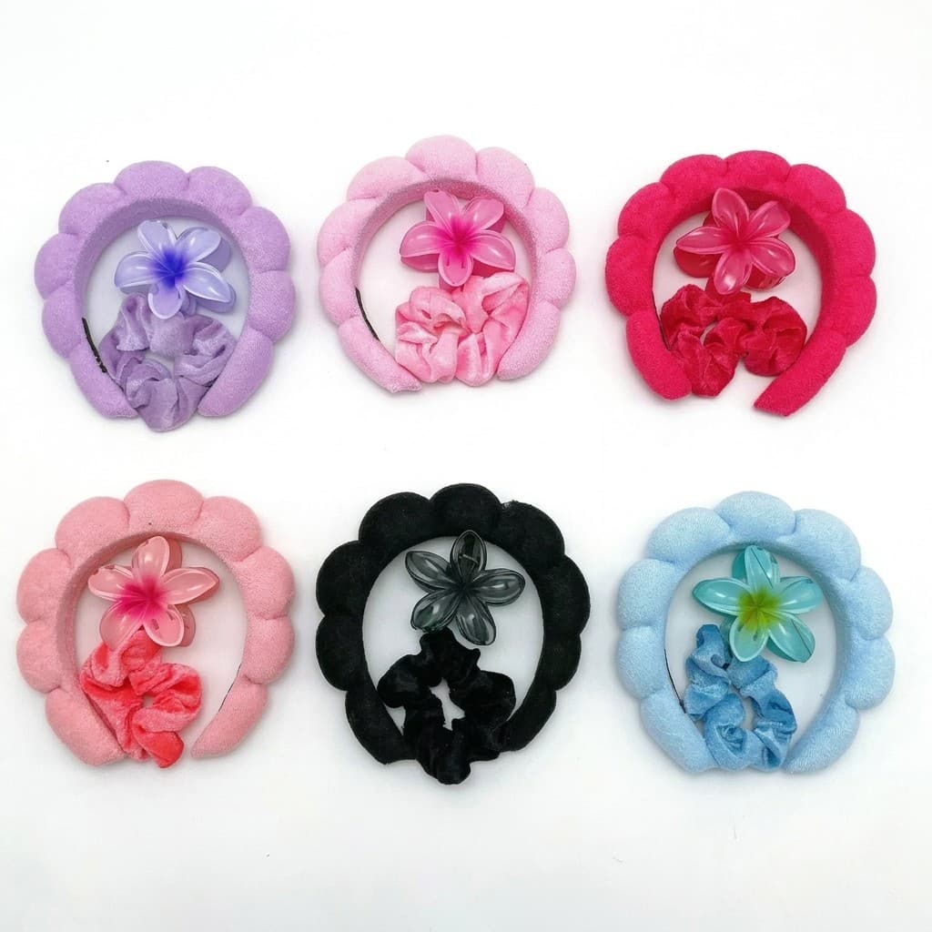 Kit 3 Acessórios de Cabelo Tiara de Pelúcia Piranha de Flor e Scrunchie para Skincare e Maquiagem Feminino