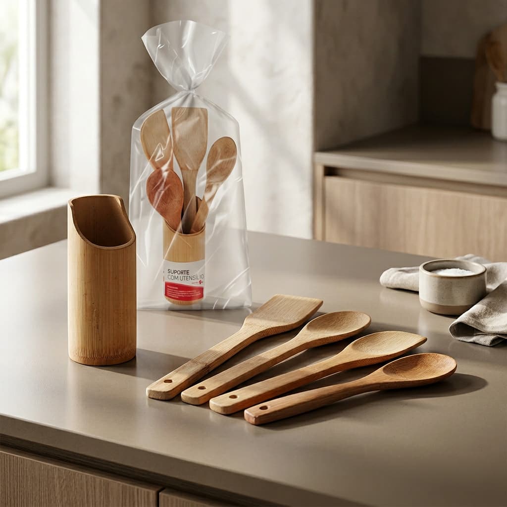 Kit Utensílios de Bambu 4 Peças com Suporte - Sustentável e Prático para Sua Cozinha