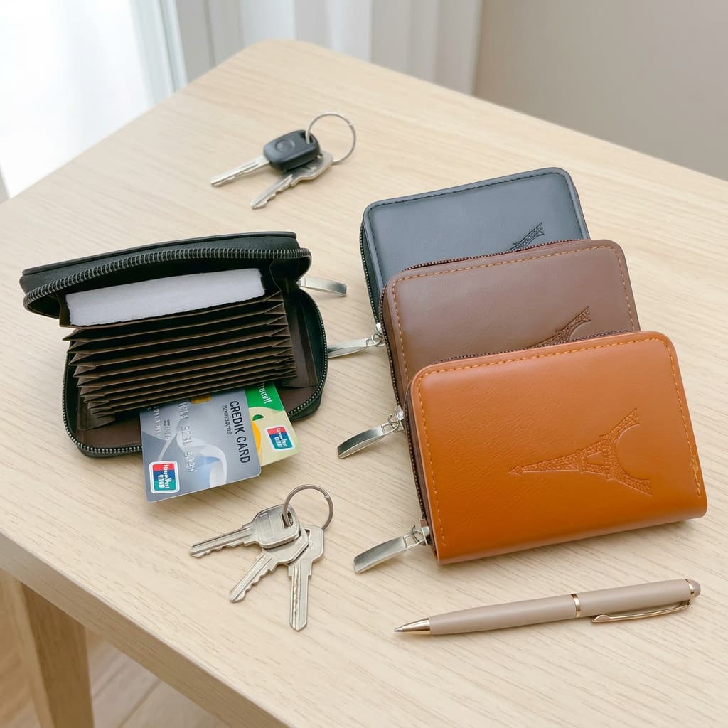 Porta Cartões Sanfonado Unissex De Couro PU Com Zíper Carteira Pequena Grande Capacidade Para Documentos Moedas