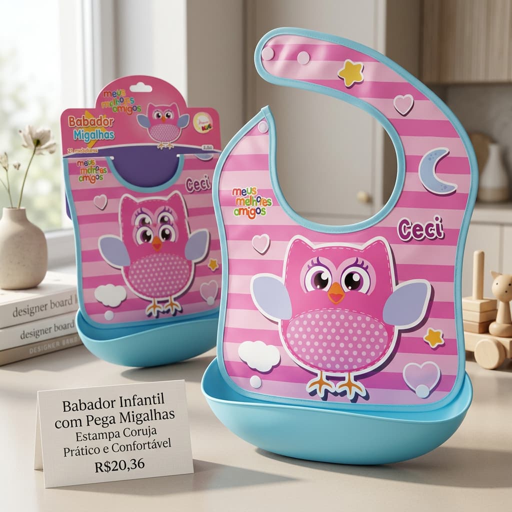 Babador Infantil com Pega Migalhas Estampa Coruja Prático e Confortável R$20,36