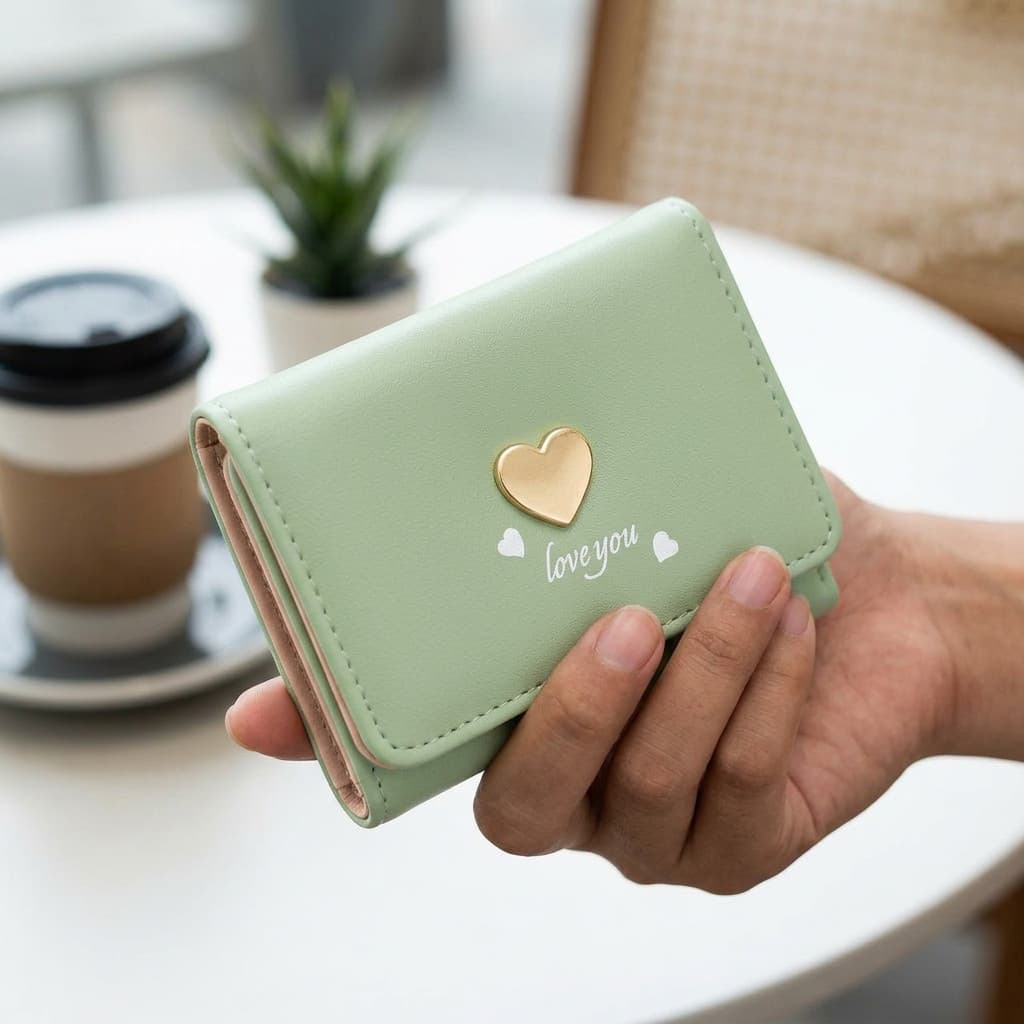 Carteira Feminina Pequena Couro PU com Coração Porta Cartões Dobrável Portátil para Dia a Dia 11x8x2.5cm