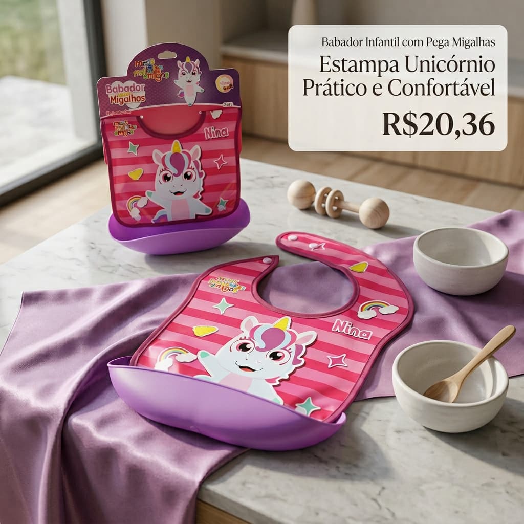 Babador Infantil com Pega Migalhas Estampa Unicórnio Prático e Confortável R$20,36