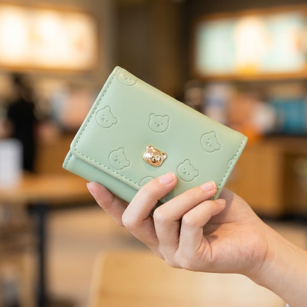 Carteira Feminina Pequena Dobrável Ursinho Fofo Relevo Porta Cartões Couro PU Compacta 11cm
