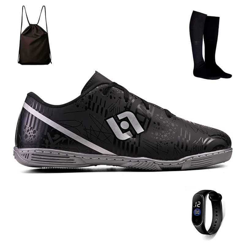 Chuteira Infantil Futsal Meninos + Meião + Relógio e Mochila