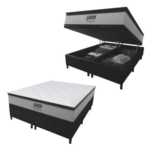 Cama Box Baú Queen Colchão Molas Pocket Ensacadas Tower 158x198x75cm Branco E Preto Gazin