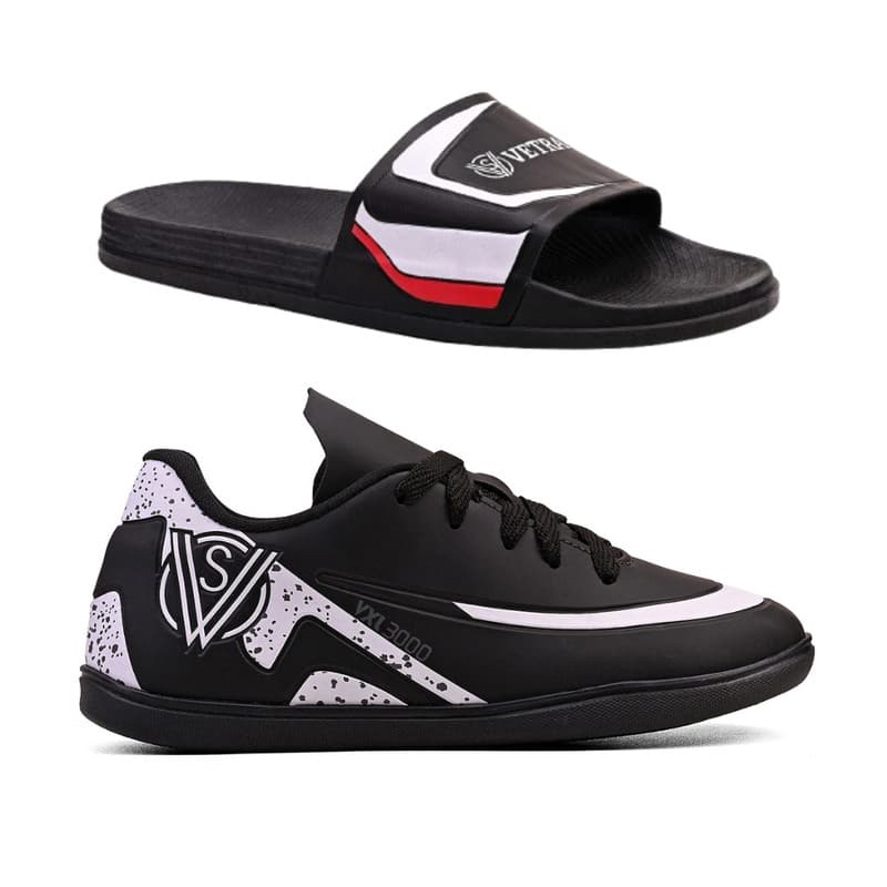 Kit Chuteira Infantil para Meninos Indoor Futsal + Chinelo Slide Nuvem