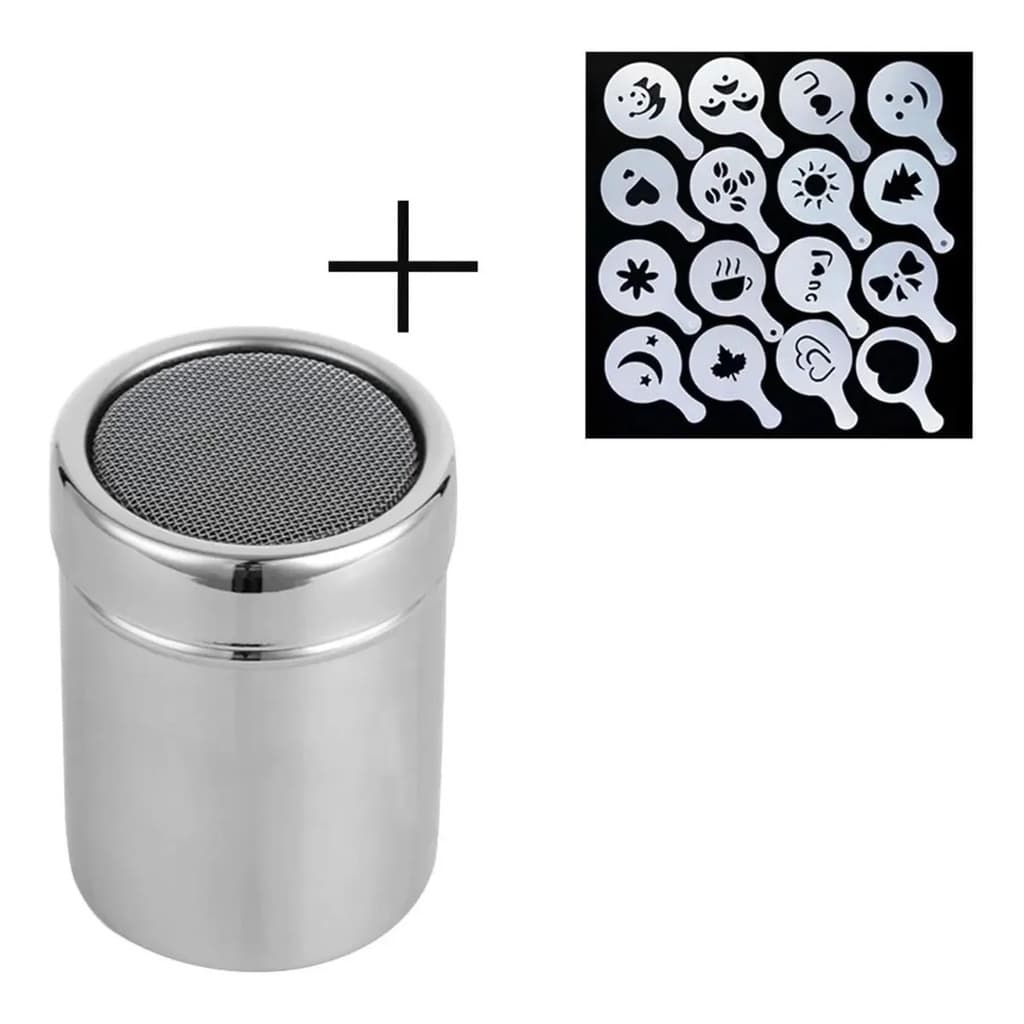 Kit Polvilhador De Café + 16 Moldes Stencil Barista Cafe