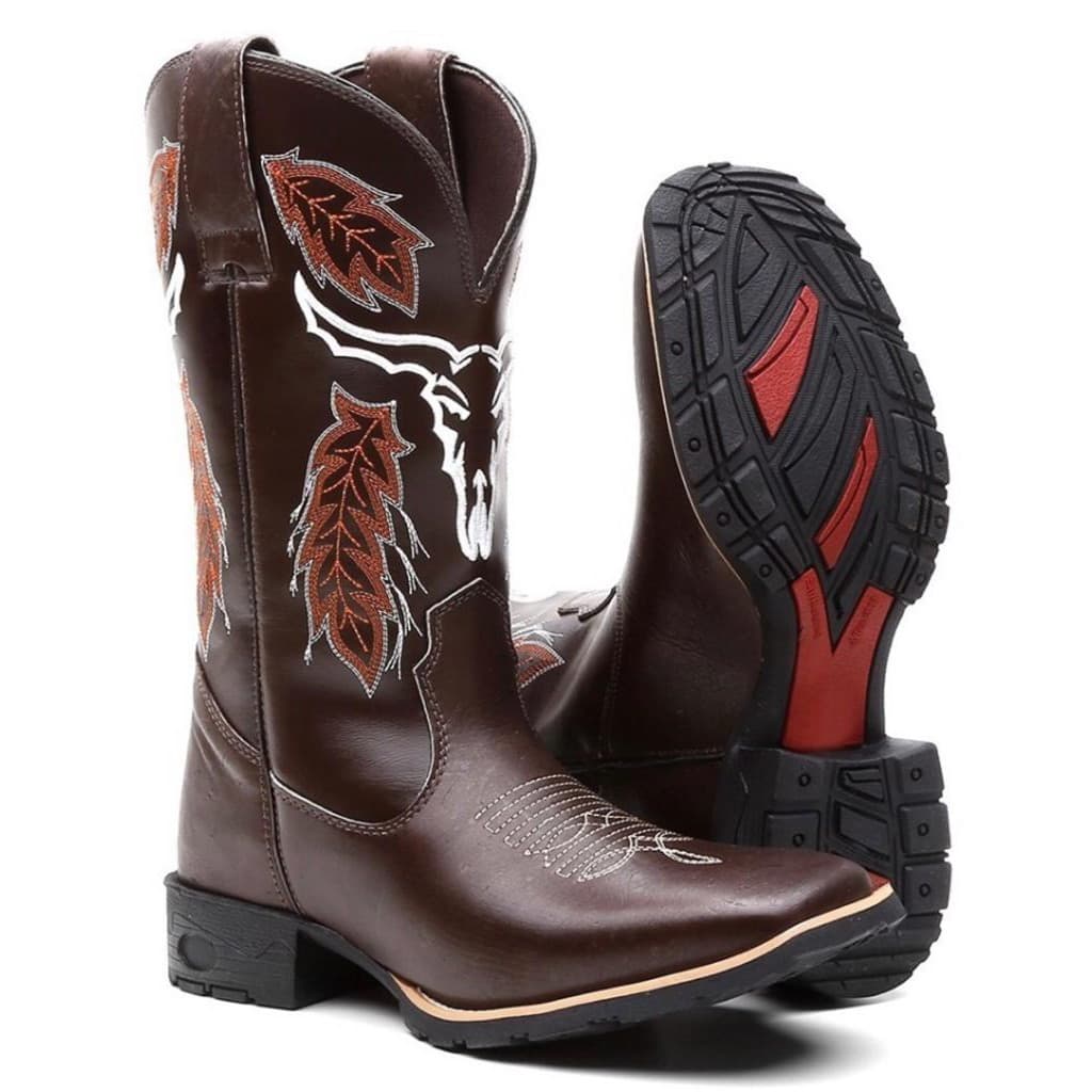 Bota Botina Texana Masculina Country Bico Quadrado Cara De Boi Café