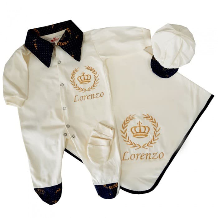 Saída Maternidade Príncipe Palha Coroa Dourada bordado com o Nome do Bebê