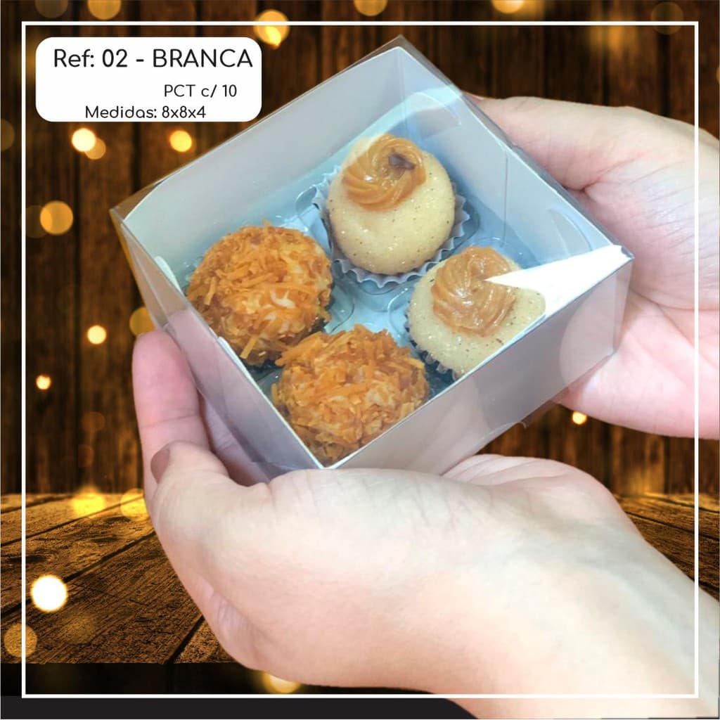 10~50 Caixas Embalagem 4 Doces Com Visor em  Acetato BRANCA 8x8x4 - Ref. 02 ( Chocobraz )//